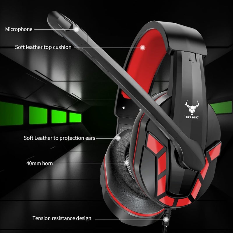 Kikc PS4 Gaming Headset with Mic for Xbox One, PS5, PC, Mobile Phone and Notebook, Controllable Volume Gaming Headphones with Soft Earmuffs for Kid (Red) - Image 2